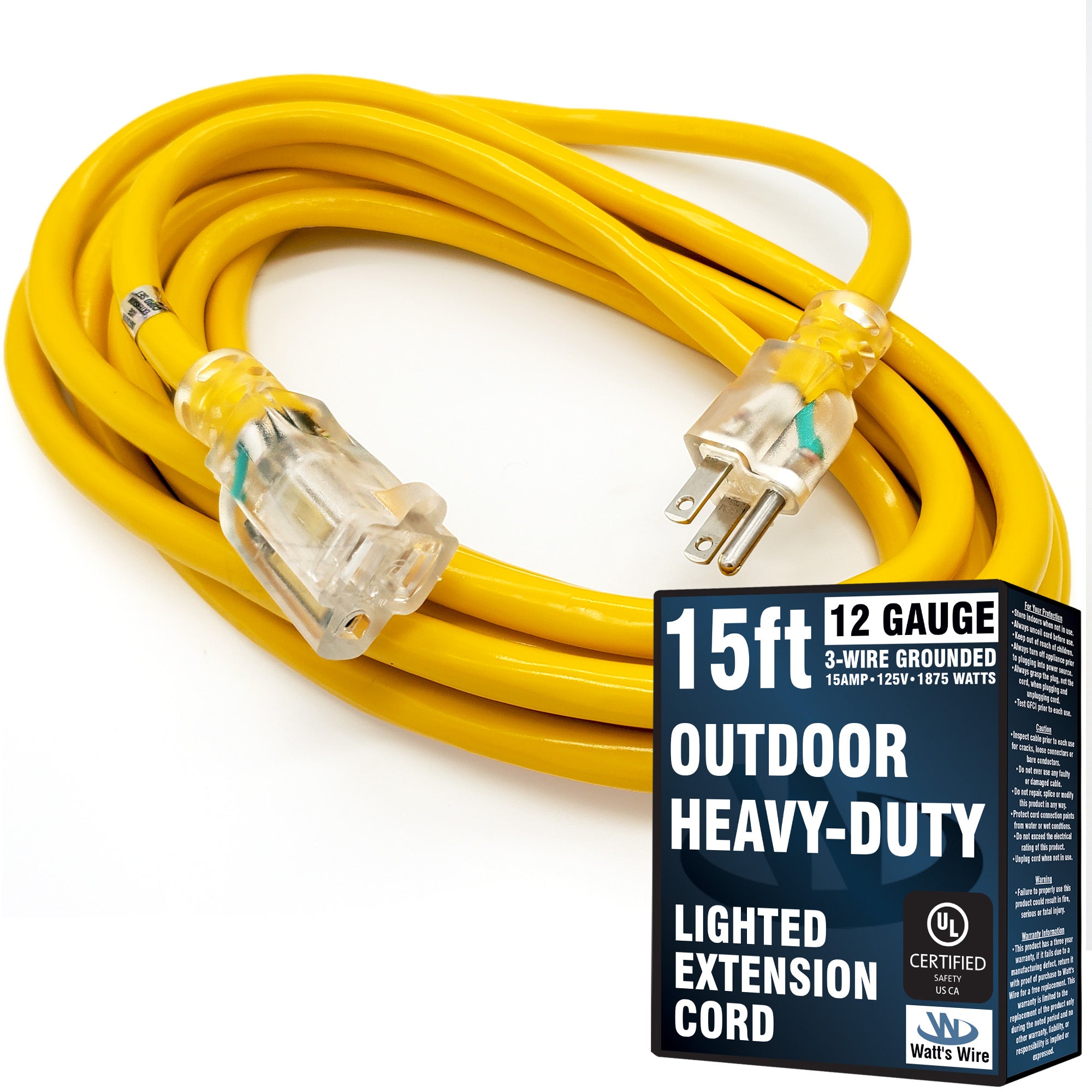 15ft 12Awg SJTW UL Extension Cord (Yellow) - WattsWire | Watt's Wire