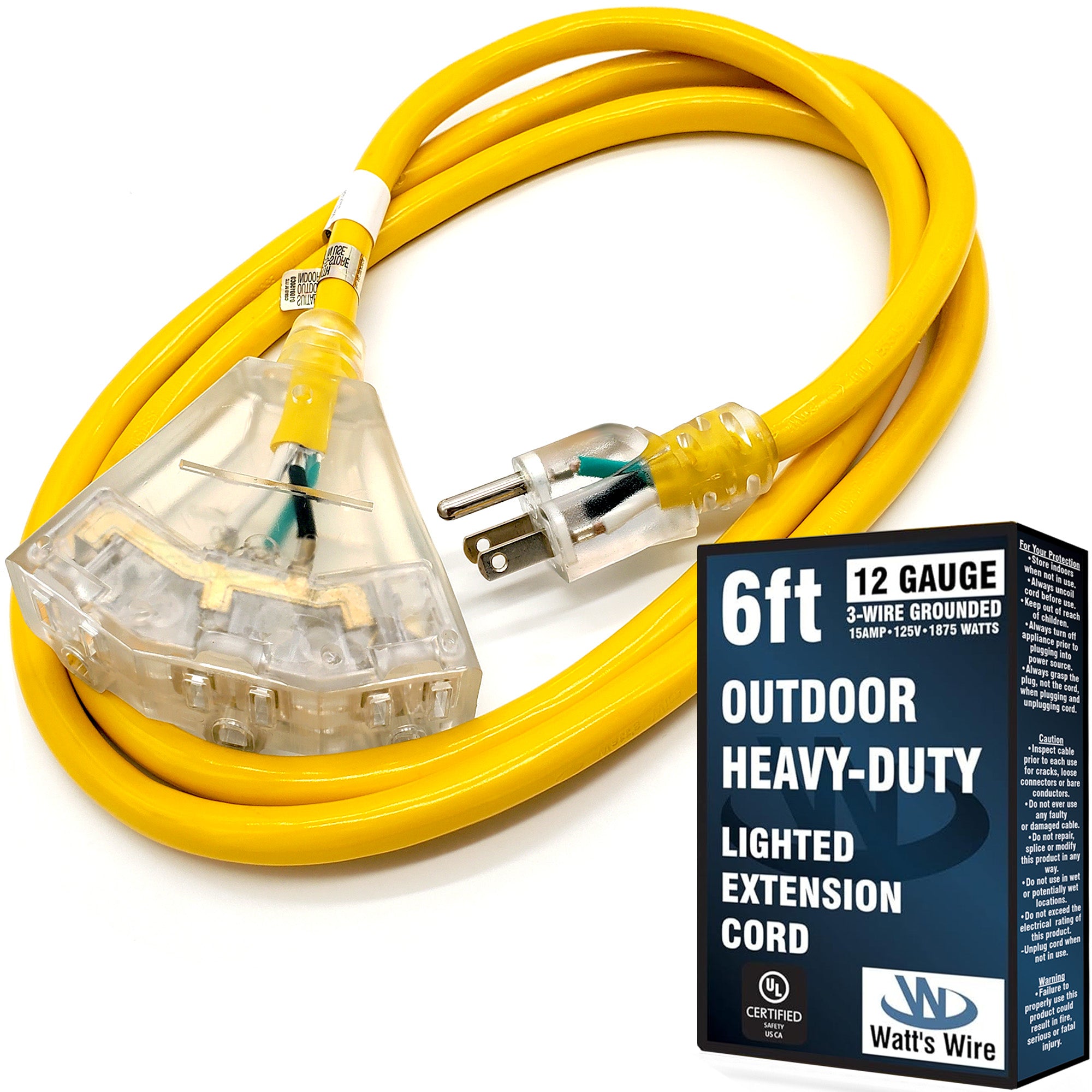 6ft 12Awg 3-Outlet SJTW UL Extension Cord (Yellow) - WattsWire