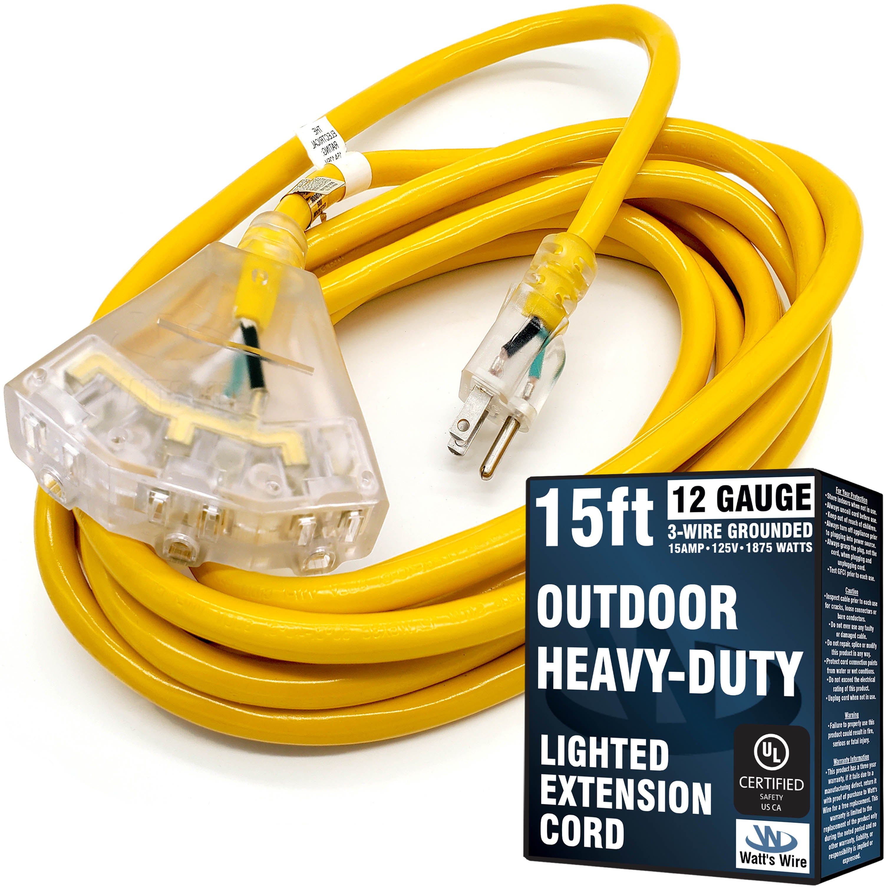 15ft 12Awg 3-Outlet SJTW UL Extension Cord (Yellow) - WattsWire