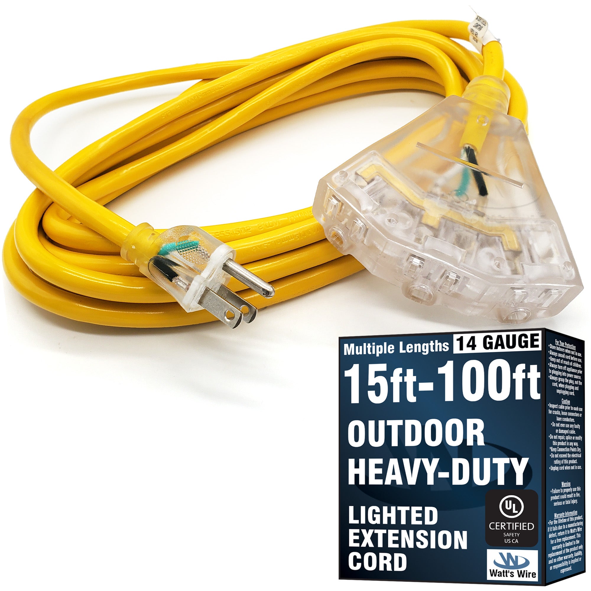 15ft 14Awg 3-Outlet SJTW UL Extension Cord (Yellow) - WattsWire