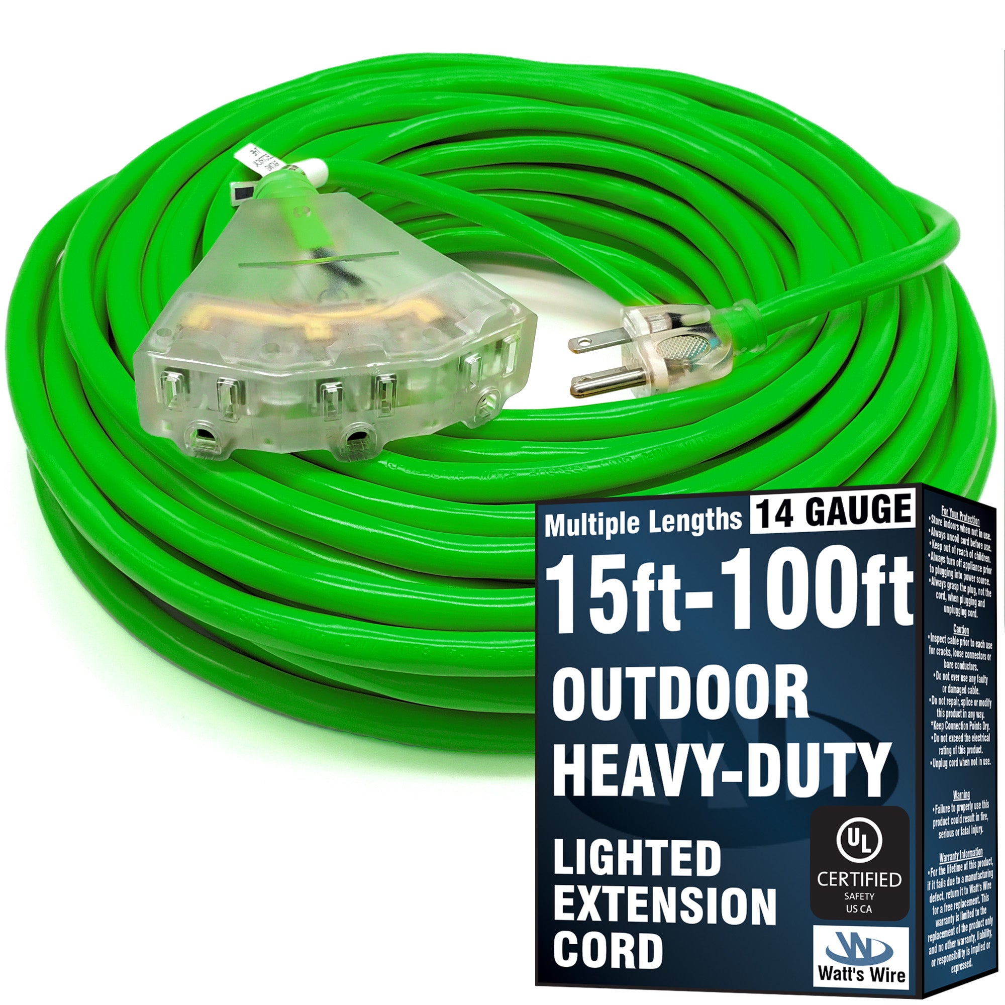 100ft 14Awg 3-Outlet SJTW UL Extension Cord (Green) - WattsWire