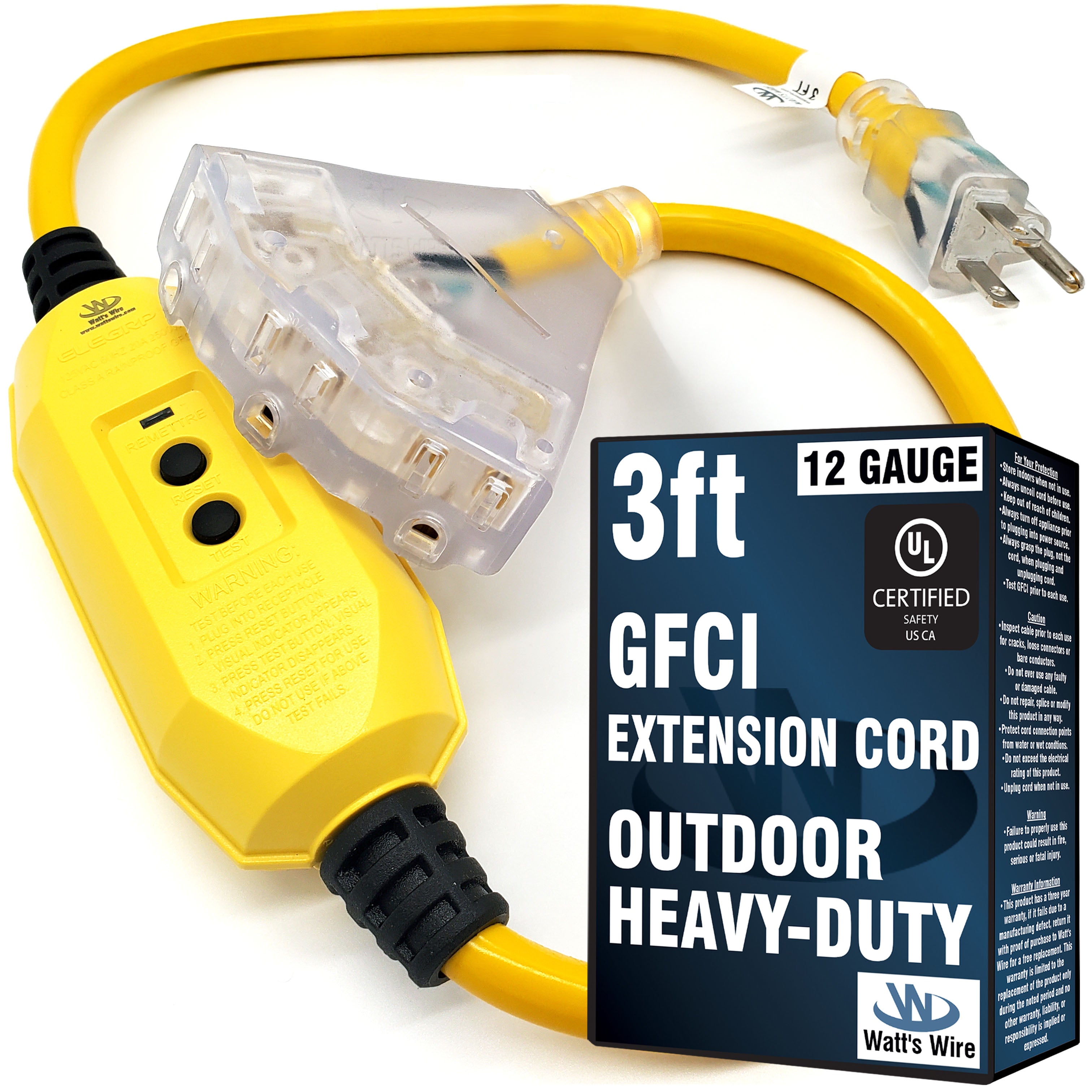 3ft 12Awg GFCI 3-Outlet SJTW UL Extension Cord (Yellow