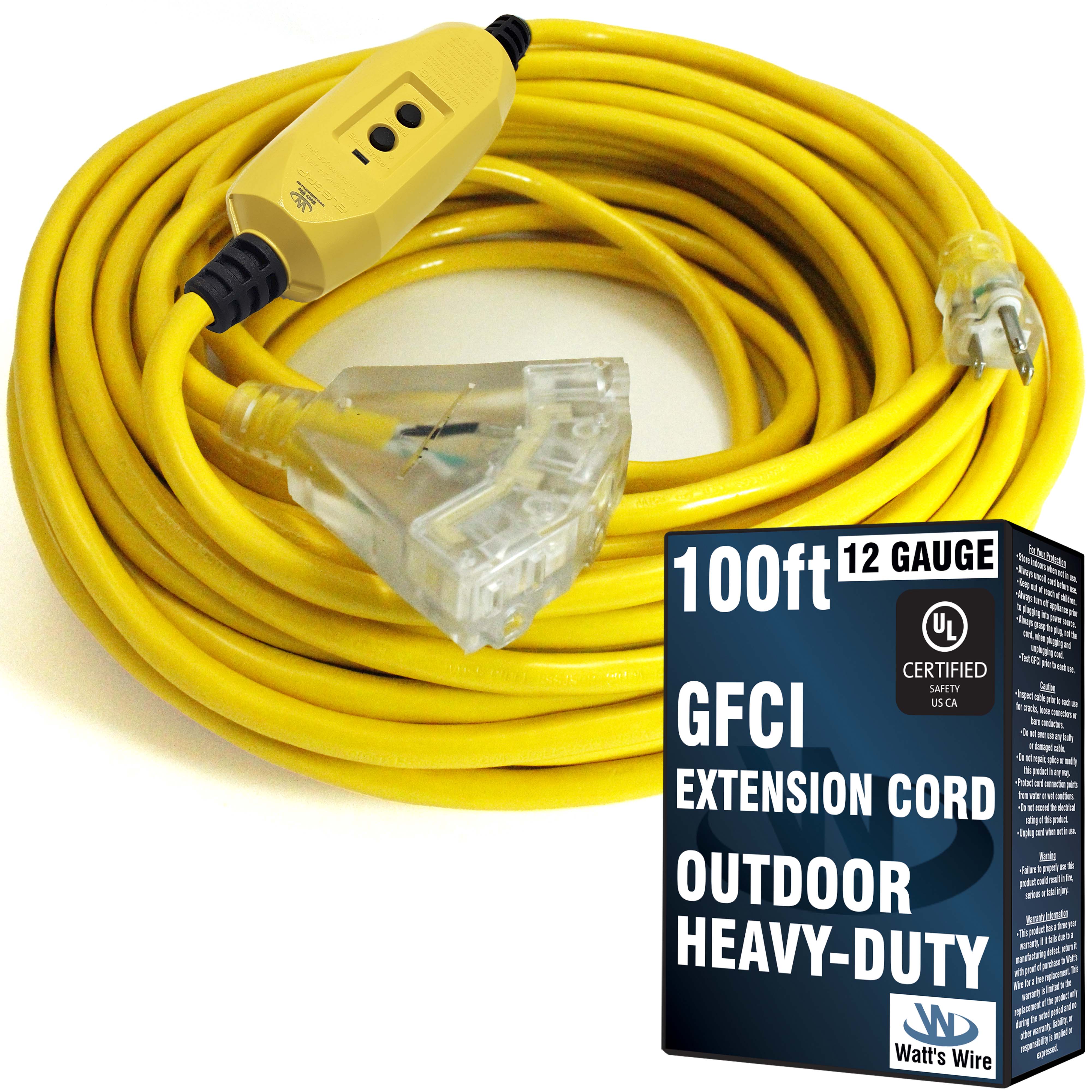 100ft 12Awg GFCI 3-Outlet SJTW UL Extension Cord (Yellow