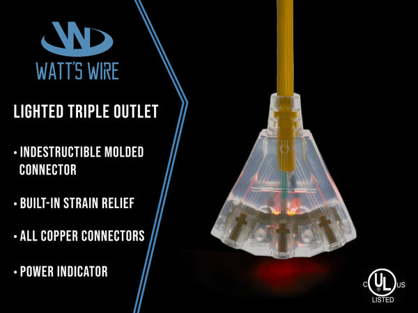  Triple outlet yellow heavy duty molded extension cord ends