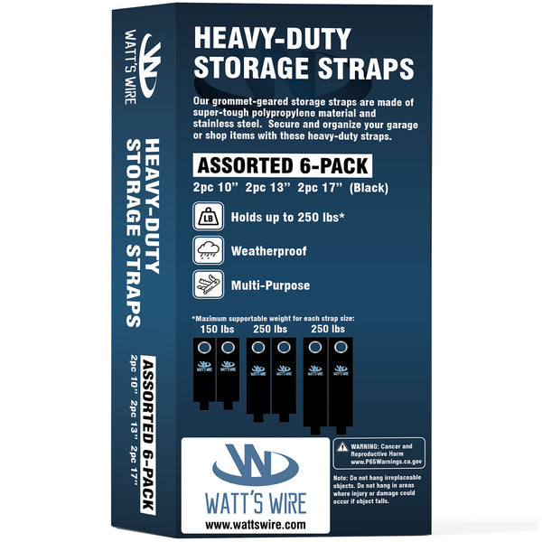 Heavy Duty Storage Straps - 6 Pack: 2 Medium, 2 Large, 2 XL - Extension Cord Ties - Storage Strap - By Watt's Wire