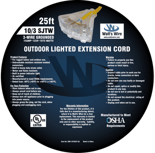 Watt's Wire 10 gauge 25 foot extension cord package label