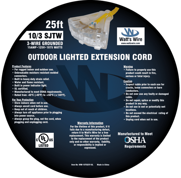 Watt's Wire 10 gauge 25 foot extension cord package label