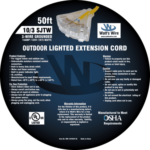 Watt's Wire 10 gauge 50 foot extension cord package label