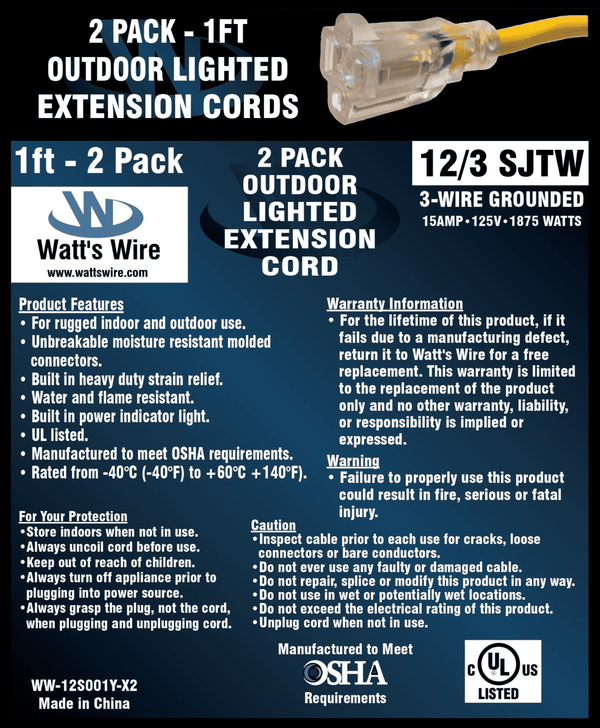 Watt's Wire 12 gauge one foot extension cord package label