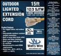 Watt's Wire 12 gauge 15 foot extension cord package label