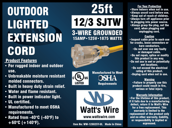 Watt's Wire 12 gauge 25 foot extension cord package label