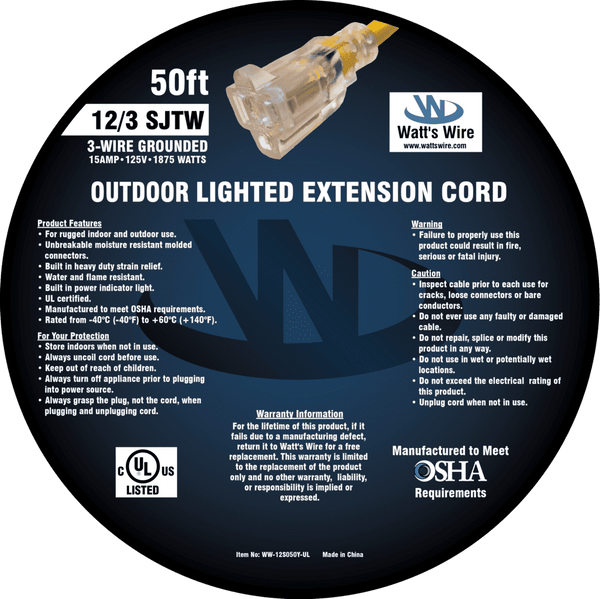 Watt's Wire 12 gauge 50 foot extension cord package label