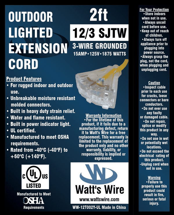 Watt's Wire 12 gauge 2 foot extension cord package label