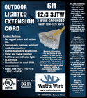 Watt's Wire 12 gauge 6 foot extension cord package label