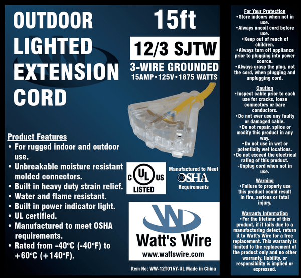 Watt's Wire 12 gauge 15 foot extension cord package label