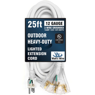 Watt's Wire 12 gauge heavy duty extension cord, white 25 ft outdoor extension cord