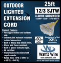 Watt's Wire 12 gauge 25 foot extension cord package label