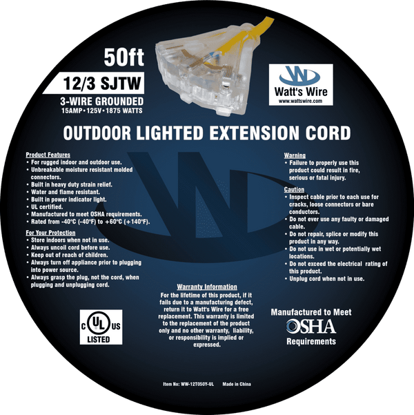 Watt's Wire 12 gauge 50 foot extension cord package label