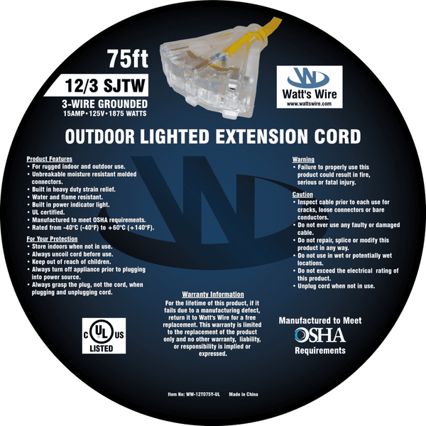 Watt's Wire 12 gauge 75 foot extension cord package label