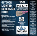 Watt's Wire 14 gauge 15 foot extension cord package label, pink
