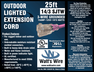 Watt's Wire 14 gauge 25 foot extension cord package label, pink