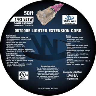 Watt's Wire 14 gauge 50 foot extension cord package label, pink