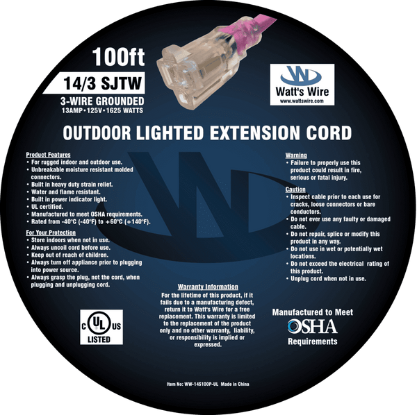 Watt's Wire 14 gauge 100 foot extension cord package label, pink