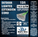 Watt's Wire 14 gauge 15 foot extension cord package label, green