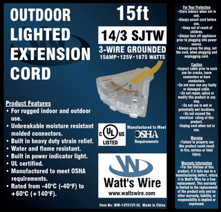 Watt's Wire14 gauge 15 foot extension cord package label, yellow