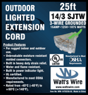 Watt's Wire 14 gauge 25 foot extension cord package label, green