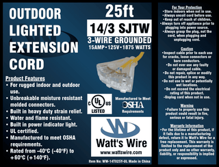 Watt's Wire 14 gauge 25 foot extension cord package label, yellow