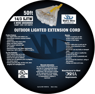 Watt's Wire 14 gauge 50 foot extension cord package label, yellow