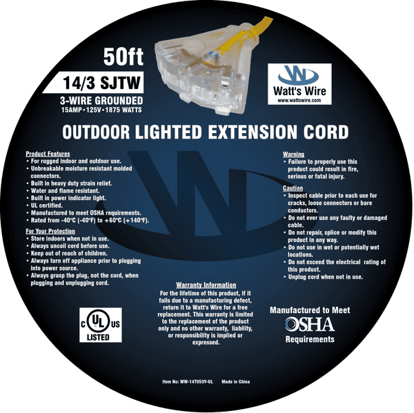 Watt's Wire 14 gauge 50 foot extension cord package label, yellow