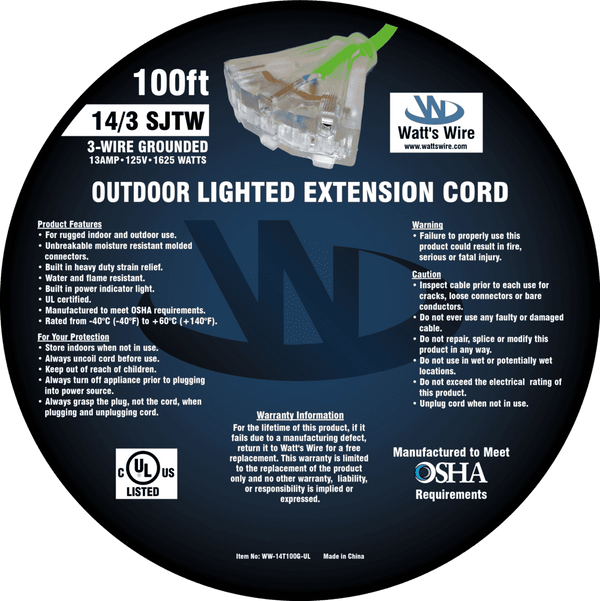 Watt's Wire 14 gauge 100 foot extension cord package label, green