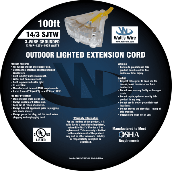 Watt's Wire 14 gauge 100 foot extension cord package label, yellow