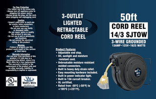 Watt's Wire 14 gauge 50 foot extension cord reel package label