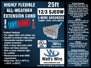 Watt's Wire 12 gauge 25 foot extreme flexible extension cord package label, blue