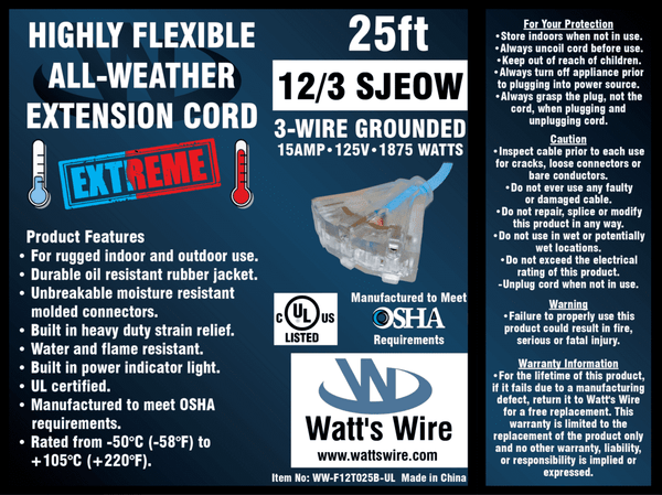 Watt's Wire 12 gauge 25 foot extreme flexible extension cord package label, blue