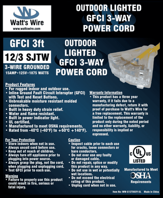Watt's Wire 12 gauge 3 foot GFCI extension cord package label