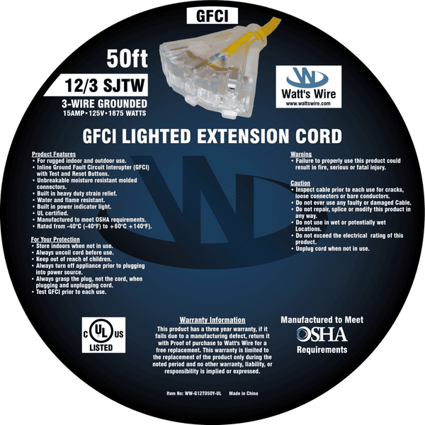 Watt's Wire 12 gauge 50 foot GFCI extension cord package label