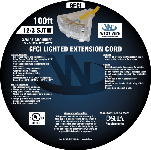 Watt's Wire 12 gauge 100 foot GFCI extension cord package label